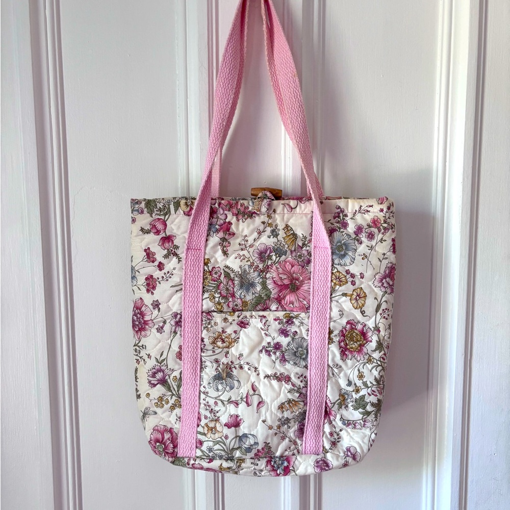 Floral Quilted Tote Bag with Pink Straps